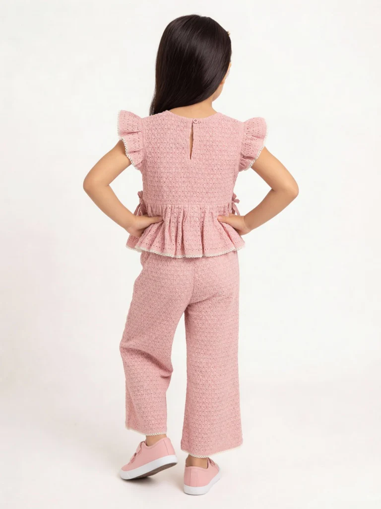 HOP Kids Girls Dusty Pink Crochet-Knit Cotton Peplum Top - Image 2