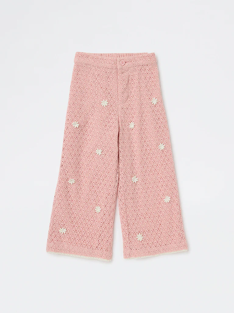 HOP Kids Girls Dusty Pink Crochet-Knit High-Rise Cotton Pants - Image 3