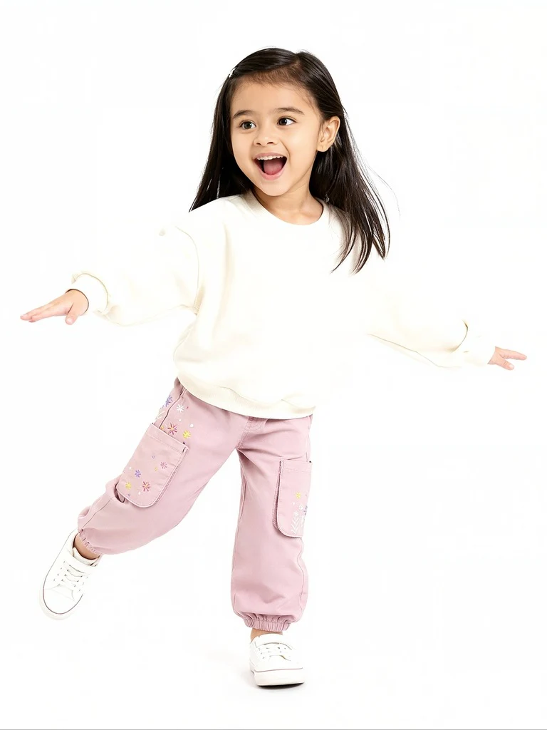 HOP Kids Girls Dusty Pink Floral Embroidered High-Rise Joggers