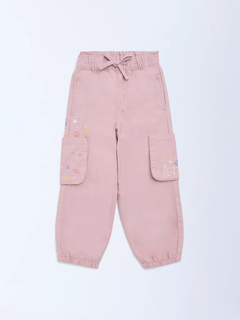 HOP Kids Girls Dusty Pink Floral Embroidered High-Rise Joggers - Image 3