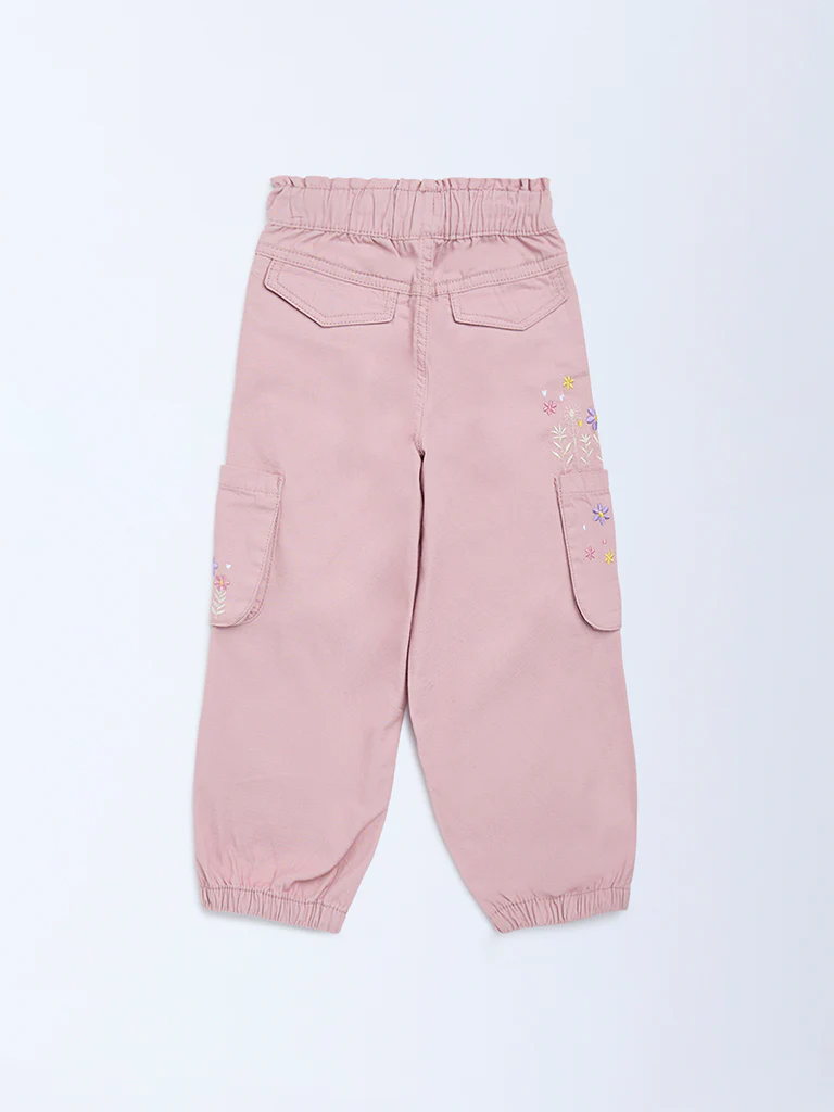 HOP Kids Girls Dusty Pink Floral Embroidered High-Rise Joggers - Image 4
