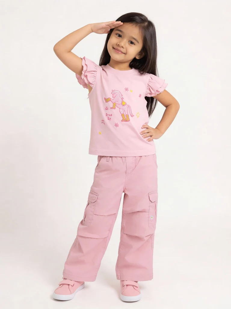 HOP Kids Girls Dusty Pink High-Rise Cotton Cargo Pants