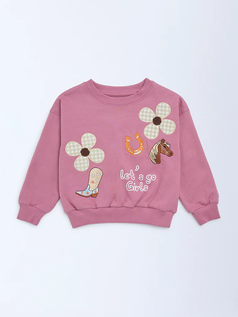 HOP Kids Girls Dusty Rose Embroidered Cotton-Blend Sweatshirt - Image 3