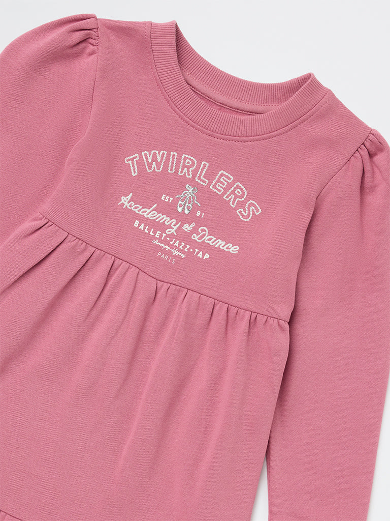 HOP Kids Girls Dusty Rose Text Design Cotton Tiered Dress - Image 6