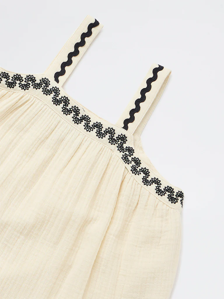 HOP Kids Girls Light Beige Embroidered A-Line Cotton Dress - Image 5