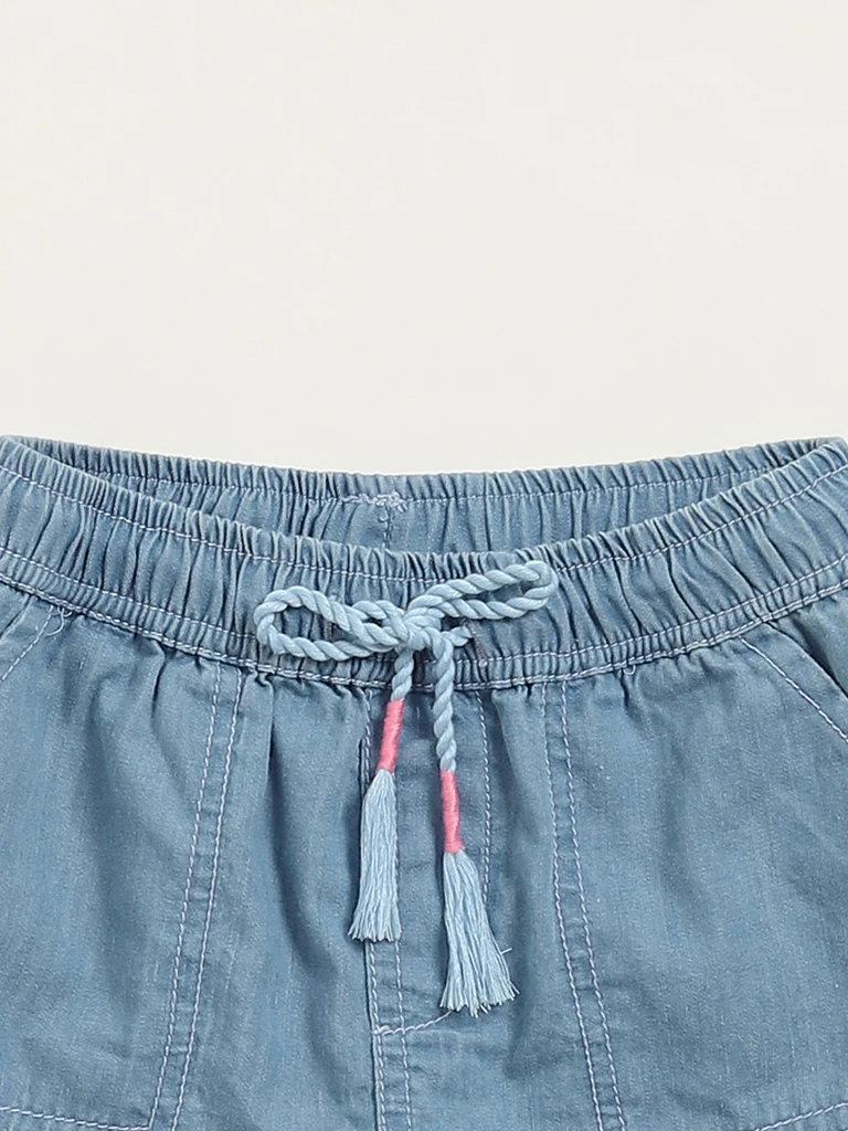 HOP Kids Girls Light Blue Chambray Mid Rise Cotton Shorts - Image 4