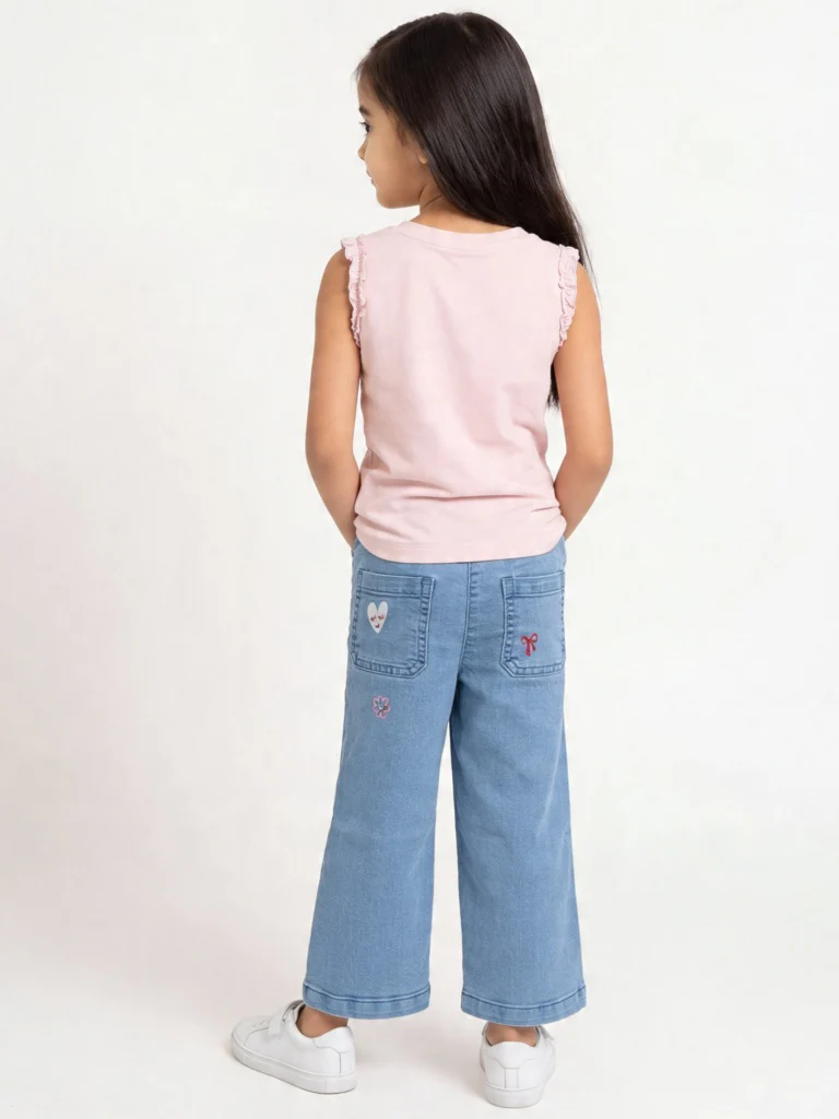 HOP Kids Girls Light Blue Floral Design Wide Leg Jeans - Image 2