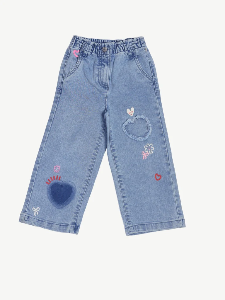 HOP Kids Girls Light Blue Floral Design Wide Leg Jeans - Image 3