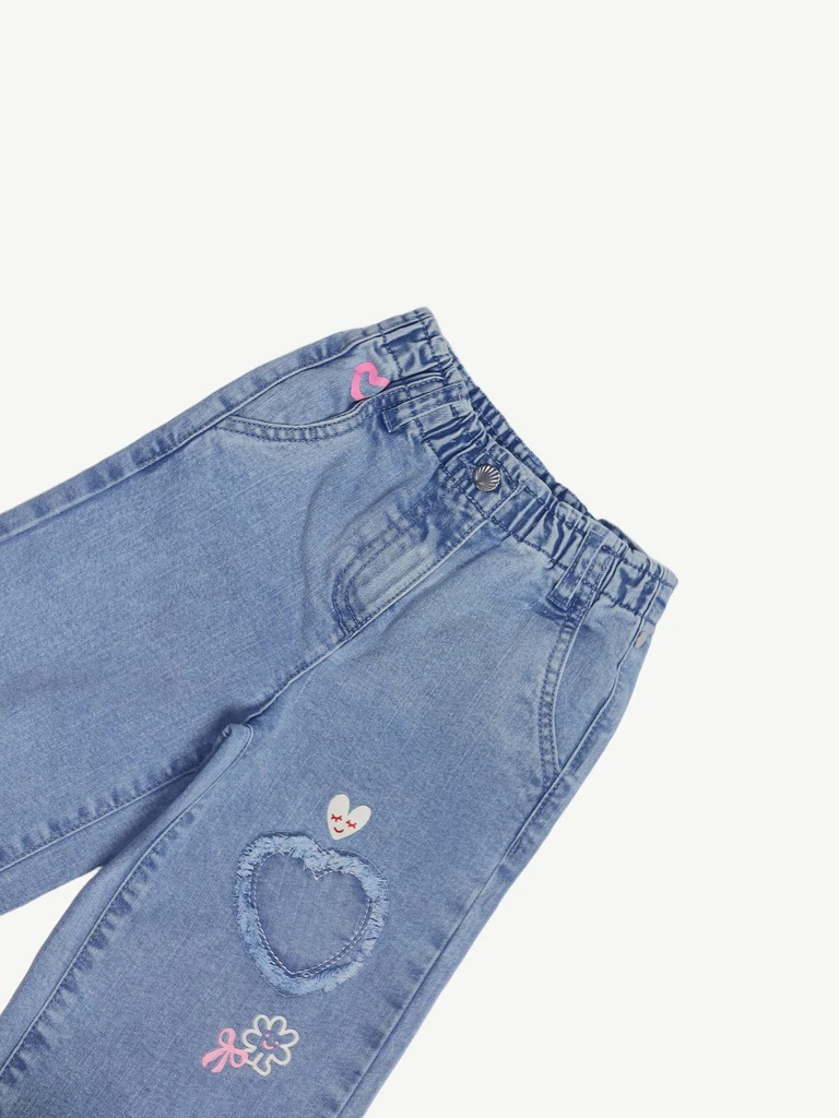HOP Kids Girls Light Blue Floral Design Wide Leg Jeans - Image 5