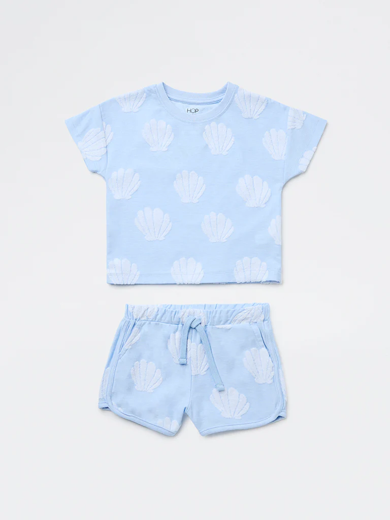 HOP Kids Girls Light Blue Seashell Printed Cotton-Blend T-Shirt and Shorts Set - Image 3