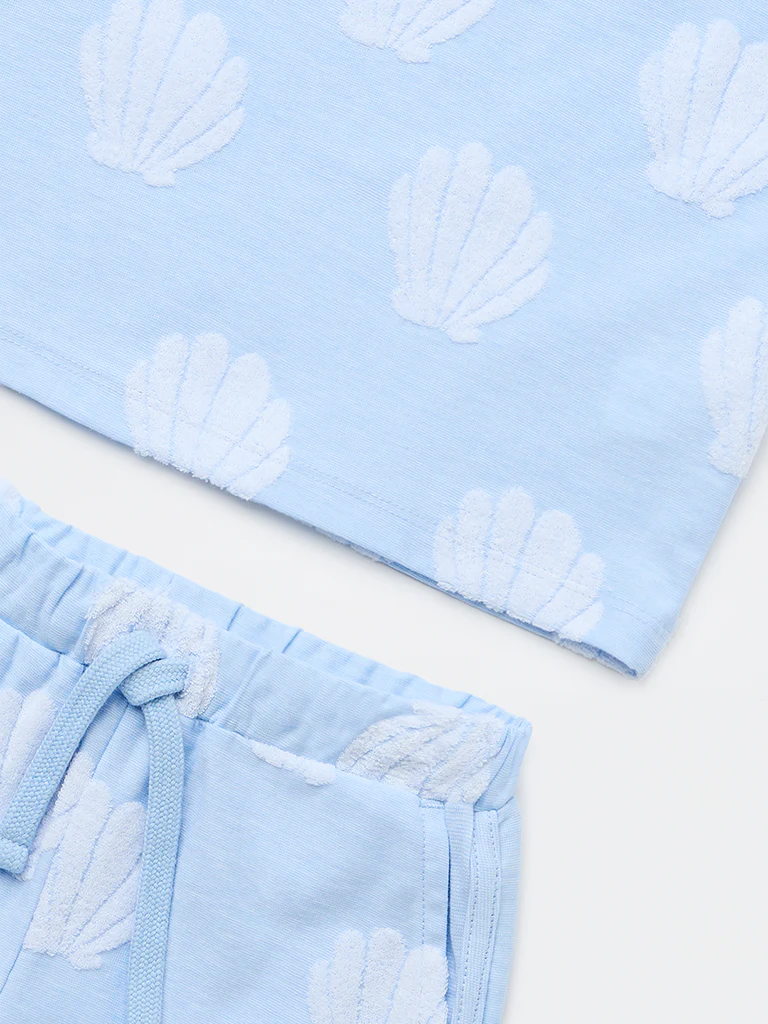 HOP Kids Girls Light Blue Seashell Printed Cotton-Blend T-Shirt and Shorts Set - Image 5