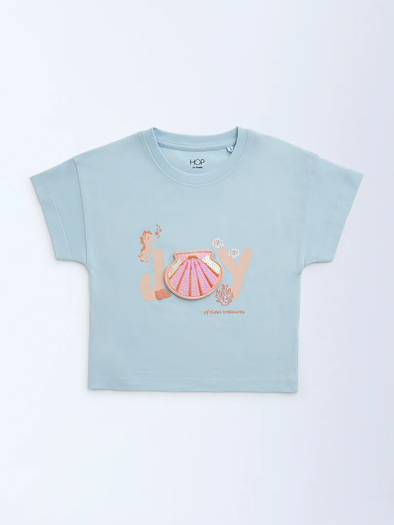 HOP Kids Girls Light Blue Sequin Detailed Cotton T-Shirt - Image 3