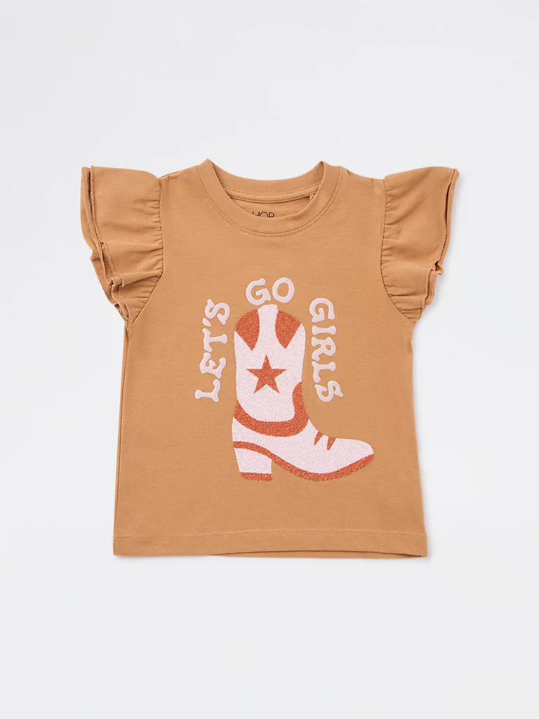 HOP Kids Girls Light Brown Embellished Cotton T-Shirt - Image 4