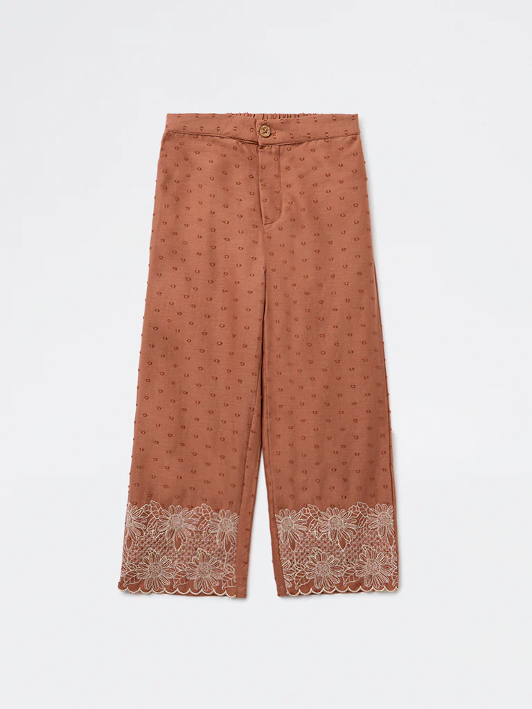 HOP Kids Girls Light Brown Floral Embroidered High-Rise Cotton Pants - Image 3