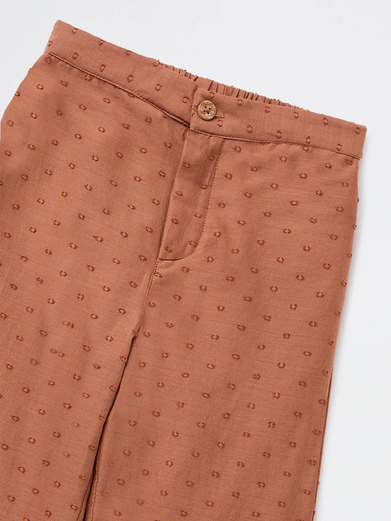 HOP Kids Girls Light Brown Floral Embroidered High-Rise Cotton Pants - Image 5