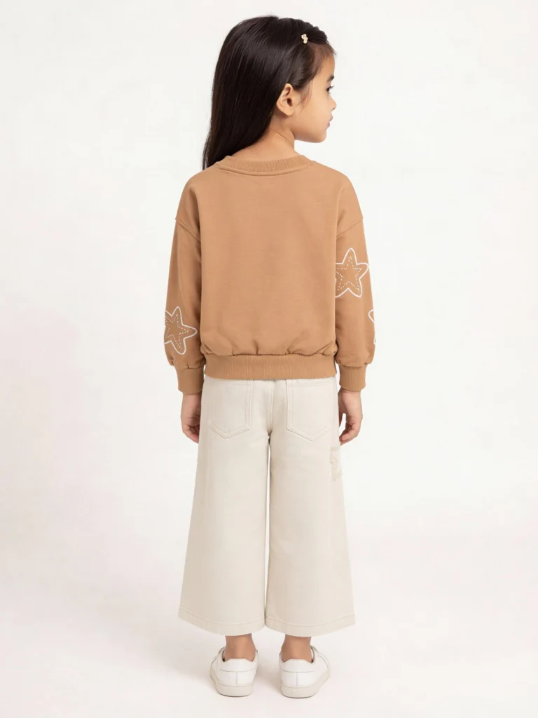 HOP Kids Girls Light Brown Star Design Cotton-Blend Sweatshirt - Image 2