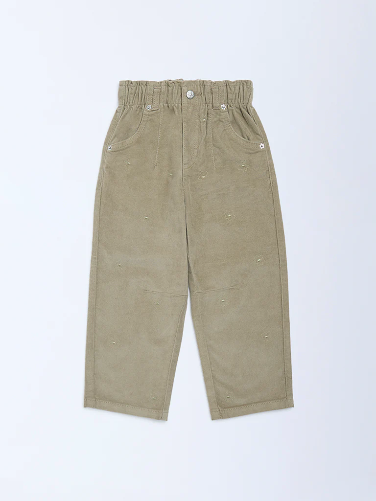 HOP Kids Girls Light Olive Paperbag-Waist Corduroy Trousers - Image 3