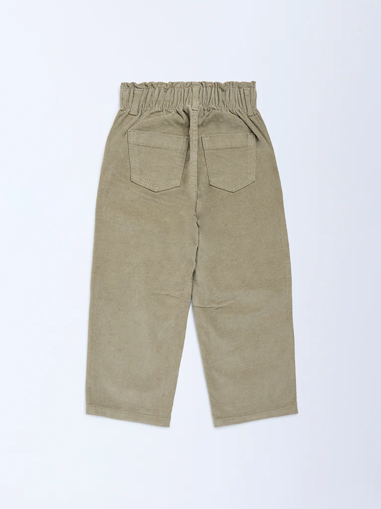 HOP Kids Girls Light Olive Paperbag-Waist Corduroy Trousers - Image 4