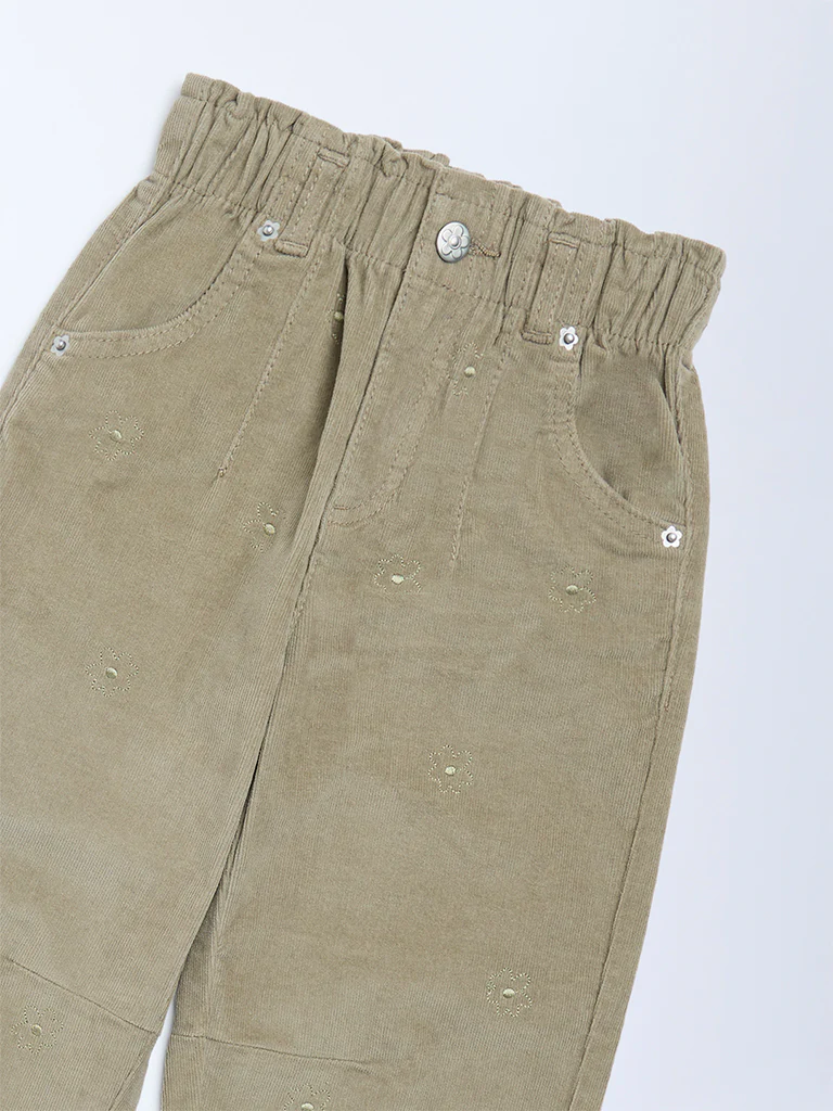 HOP Kids Girls Light Olive Paperbag-Waist Corduroy Trousers - Image 5