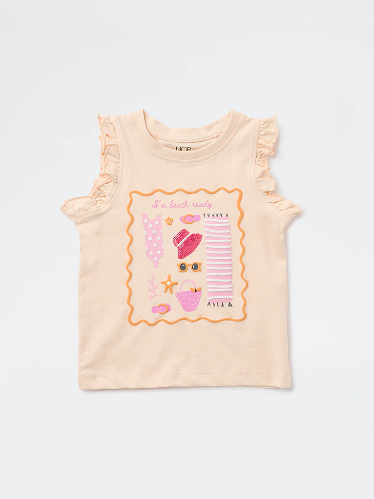 HOP Kids Girls Light Peach Printed Cotton Top - Image 4