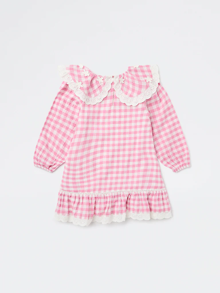 HOP Kids Girls Light Pink Check A-Line Cotton Dress - Image 4