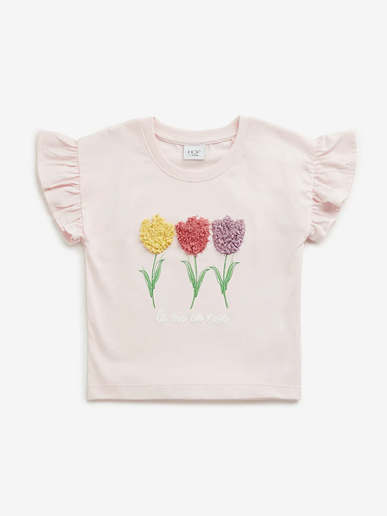 HOP Kids Girls Light Pink Floral Textured Cotton Top