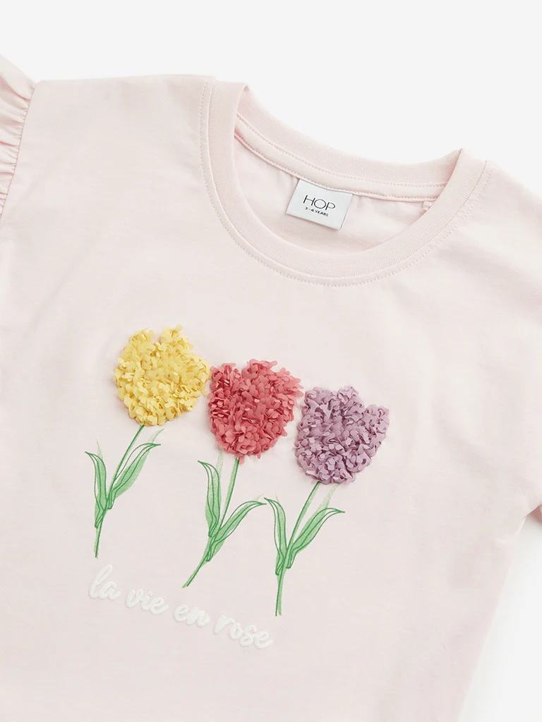 HOP Kids Girls Light Pink Floral Textured Cotton Top - Image 4