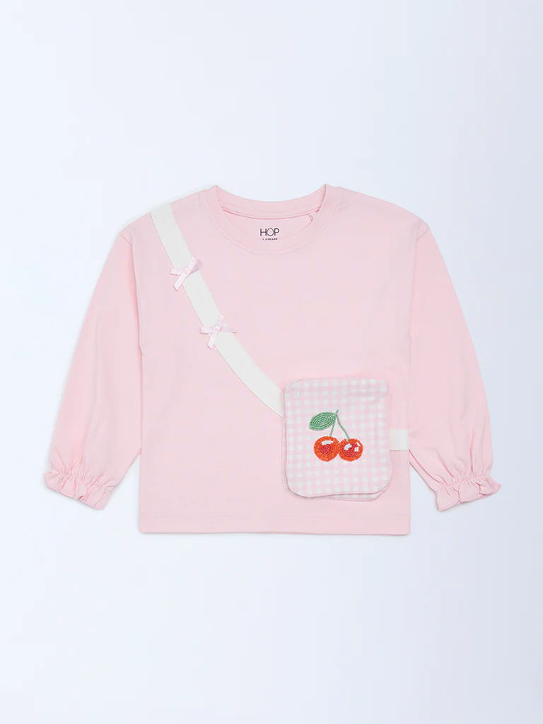 HOP Kids Girls Light Pink Pouch-Detailed Cotton Top - Image 3