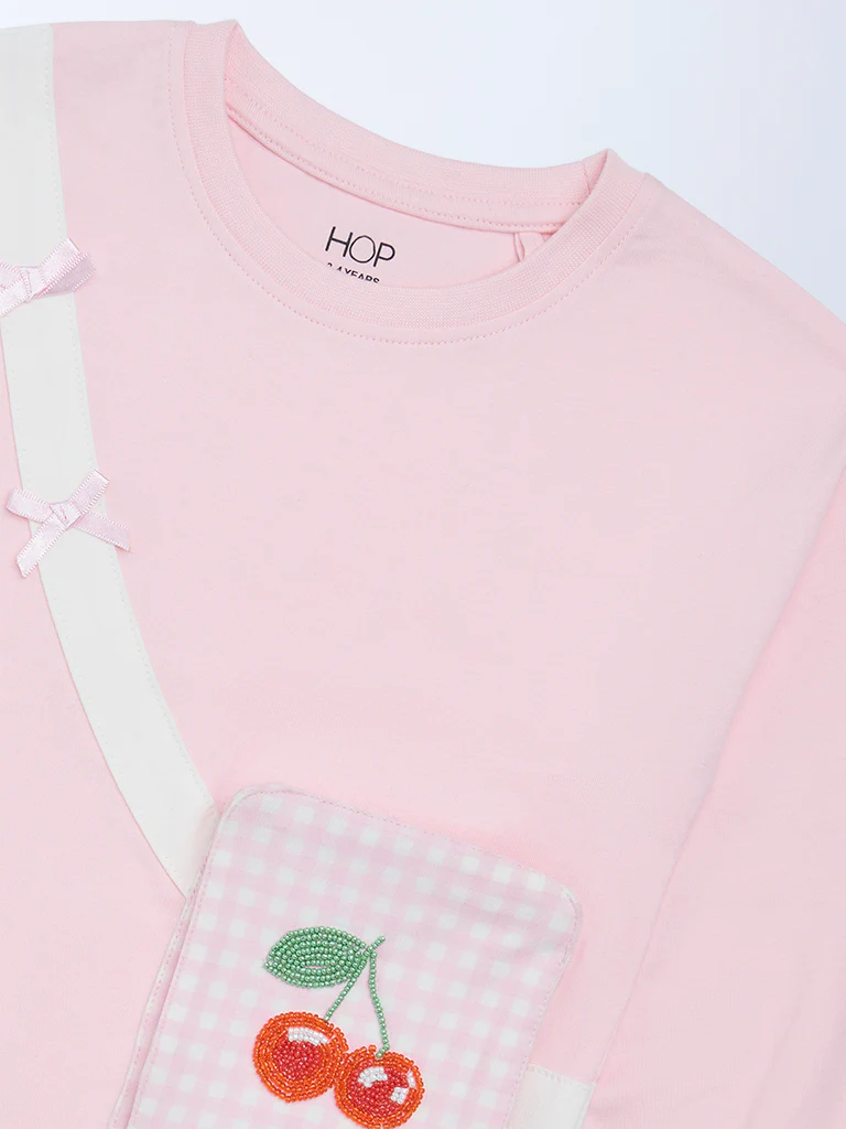 HOP Kids Girls Light Pink Pouch-Detailed Cotton Top - Image 5