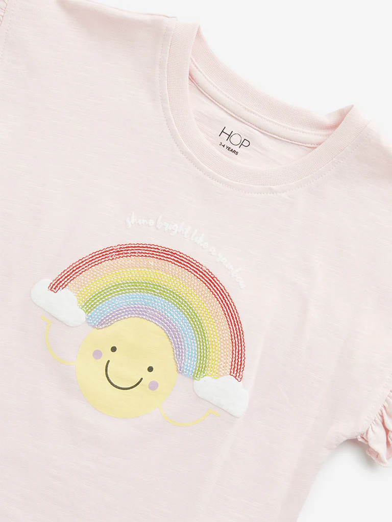 HOP Kids Girls Light Pink Rainbow Embellished Cotton T-Shirt - Image 4