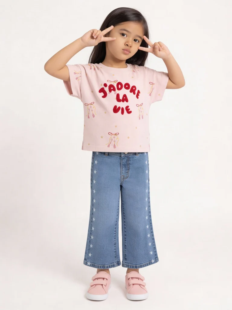 HOP Kids Girls Light Pink Text Embroidered Cotton T-Shirt
