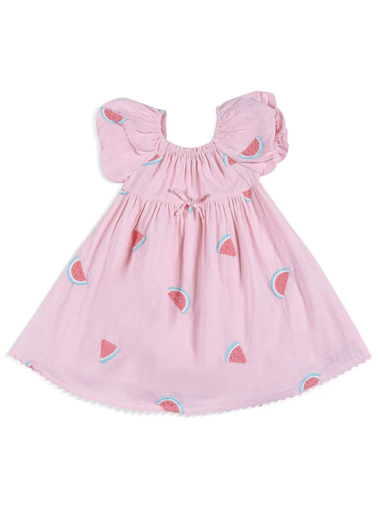 HOP Kids Girls Light Pink Watermelon Embroidered Cotton Dress - Image 4