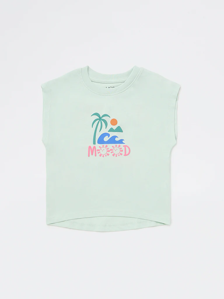 HOP Kids Girls Light Sage Graphic Printed Cotton T-Shirt - Image 4