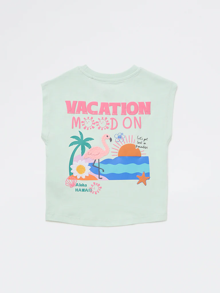 HOP Kids Girls Light Sage Graphic Printed Cotton T-Shirt - Image 5