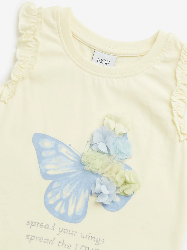 HOP Kids Girls Light Yellow Butterfly Pattern Cotton Top - Image 4