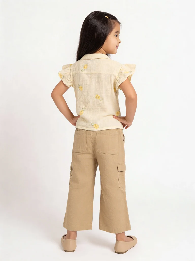 HOP Kids Girls Light Yellow Embroidered Tie-Knot Ruffle Cotton Shirt - Image 2