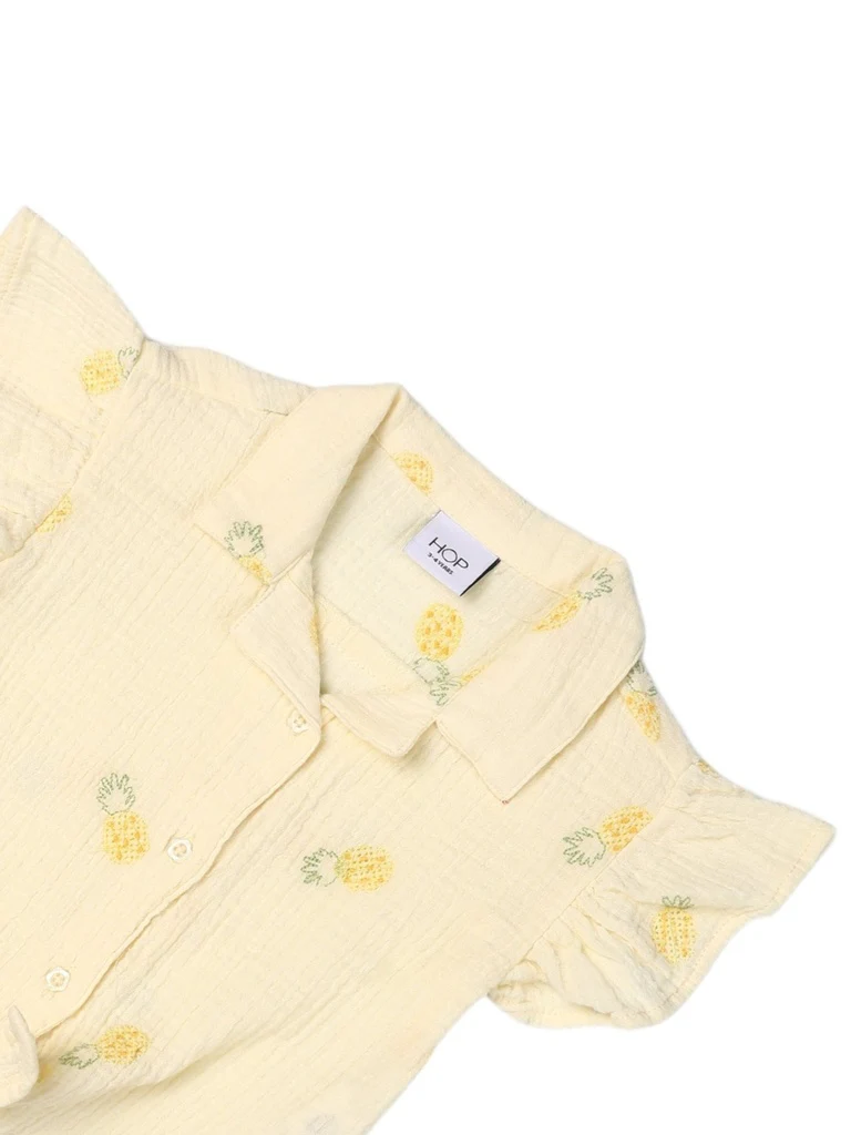HOP Kids Girls Light Yellow Embroidered Tie-Knot Ruffle Cotton Shirt - Image 5