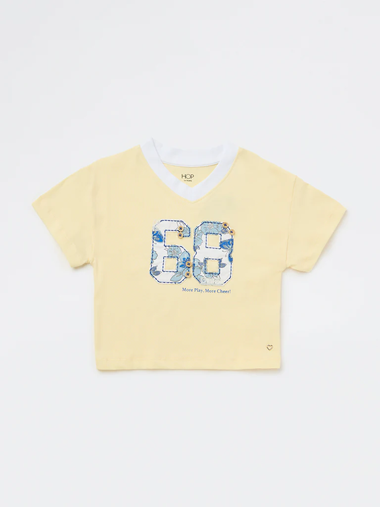 HOP Kids Girls Light Yellow Numerical-Design Cotton T-Shirt - Image 3