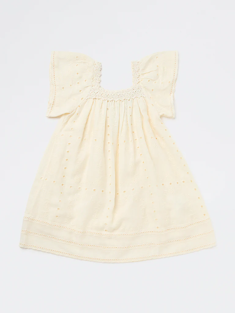 HOP Kids Girls Light Yellow Schiffli Design A-Line Dress - Image 4