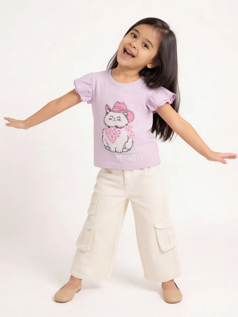 HOP Kids Girls Lilac Animal Embroidered Cotton Top