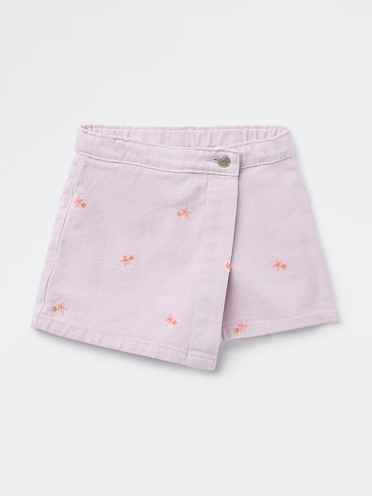 HOP Kids Girls Lilac Embroidered High-Rise Denim Skorts - Image 3