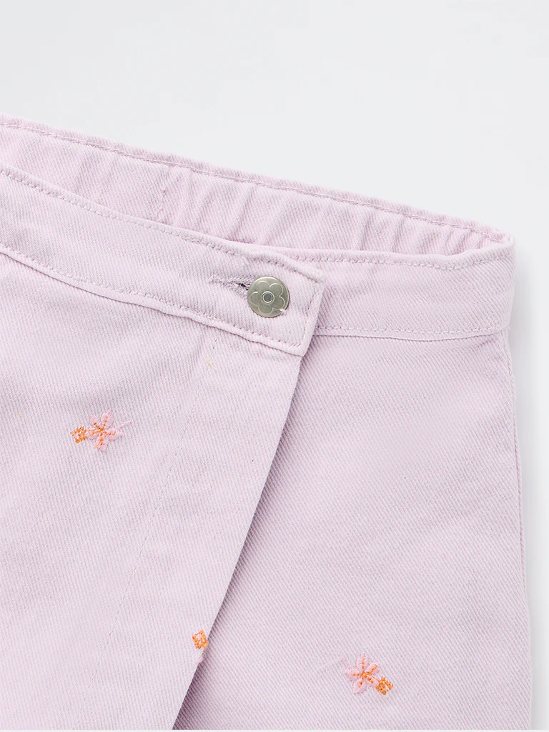HOP Kids Girls Lilac Embroidered High-Rise Denim Skorts - Image 5