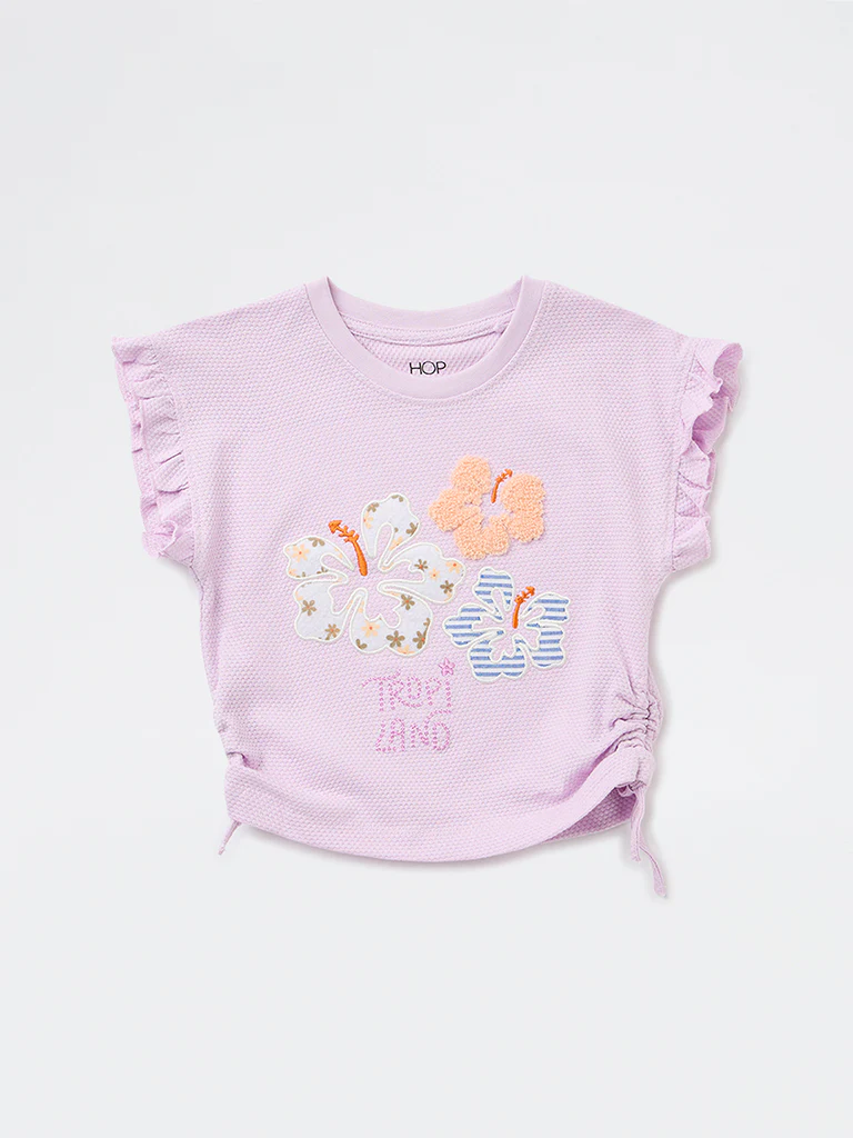HOP Kids Girls Lilac Floral Embroidered Cotton Top - Image 3
