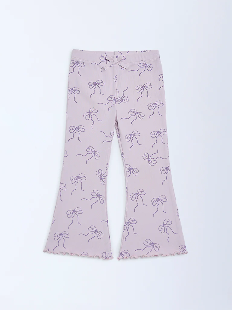 HOP Kids Girls Lilac Printed High-Rise Cotton-Blend Flare Leggings - Image 4