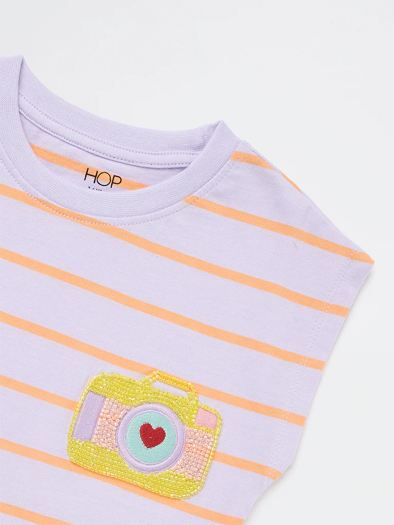 HOP Kids Girls Lilac Striped Cotton T-Shirt - Image 6