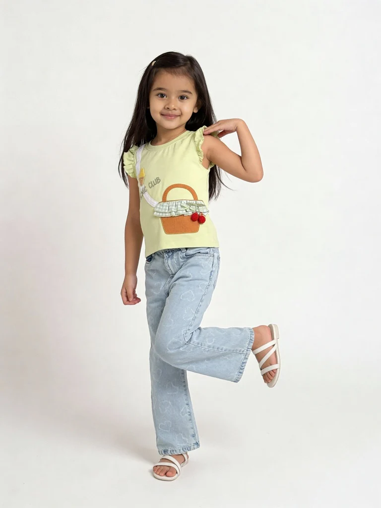 HOP Kids Girls Lime Green Embroidered Cotton T-Shirt