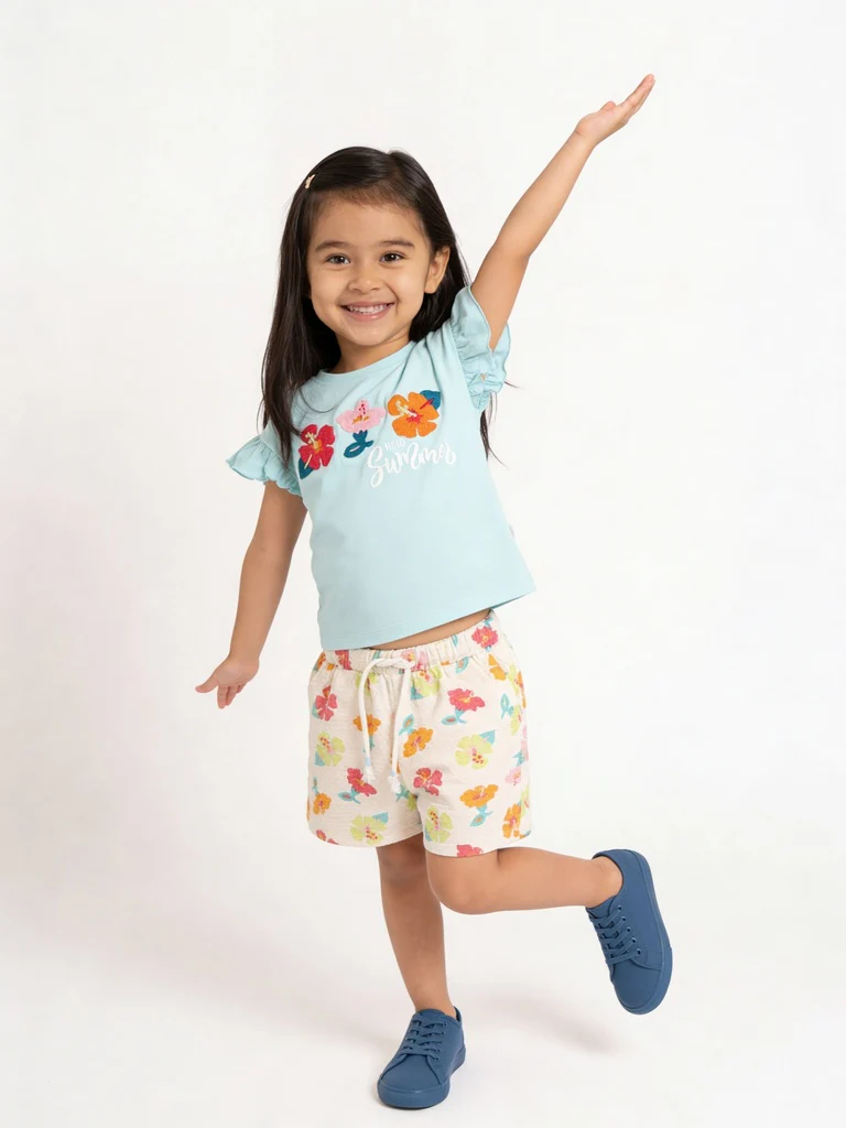 HOP Kids Girls Mint Green Embroidered Cotton Top and Shorts Set