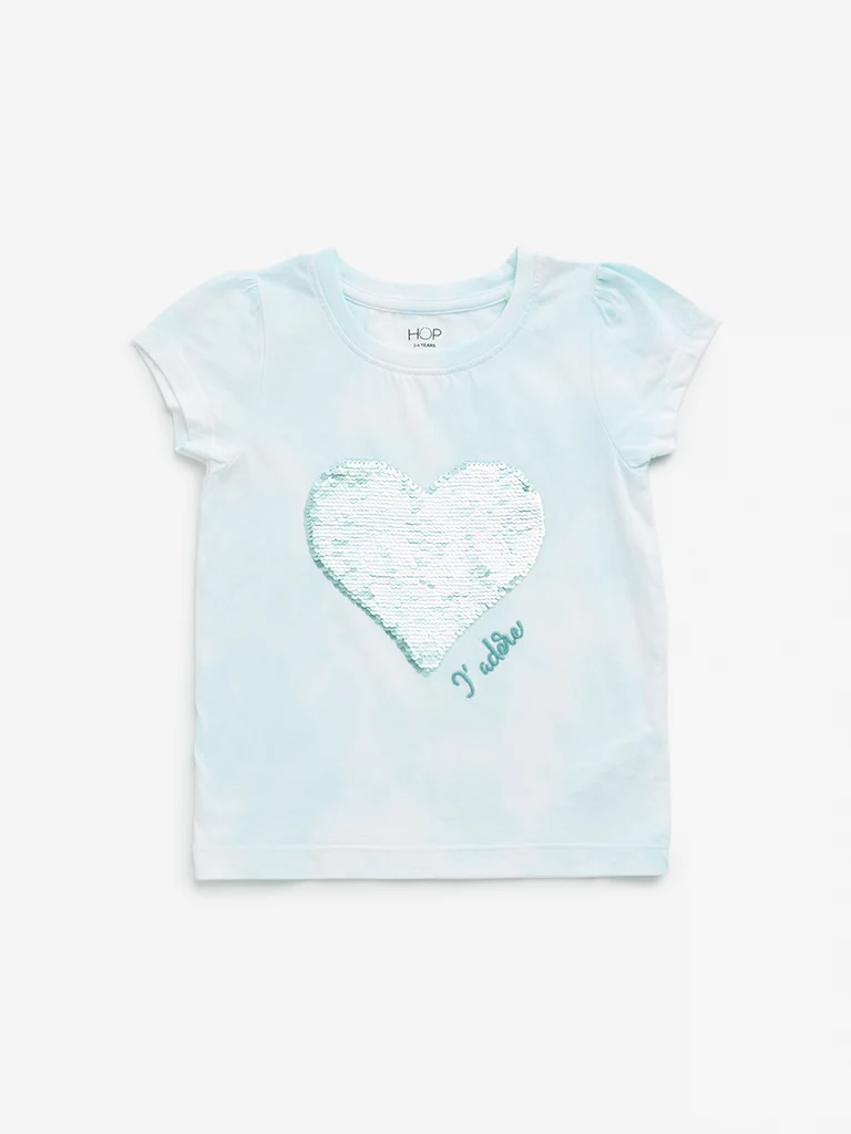HOP Kids Girls Mint Heart Sequin Design Cotton T-Shirt
