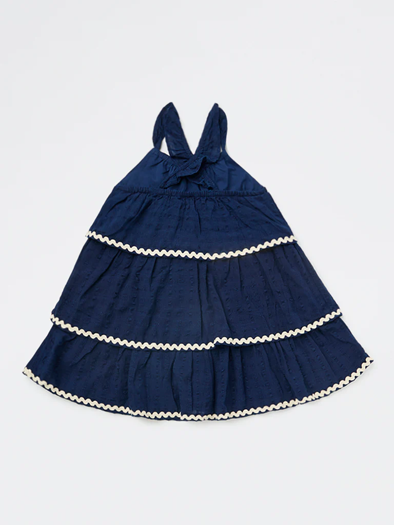 HOP Kids Girls Navy Seersucker-Textured Cotton Tiered Dress - Image 4