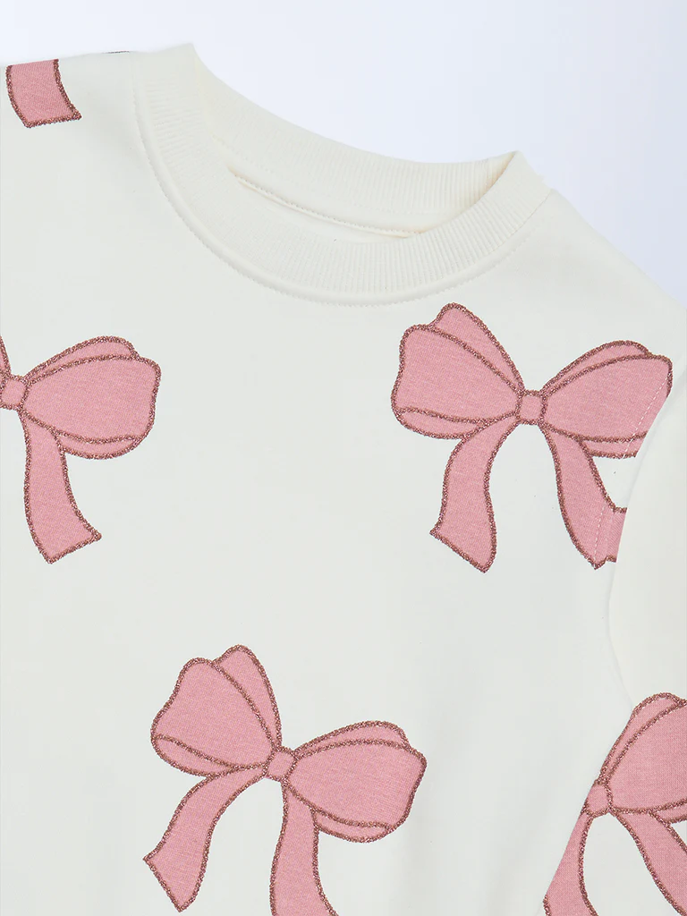 HOP Kids Girls Off-White Bow Design Cotton-Blend Sweatshirt - Image 5